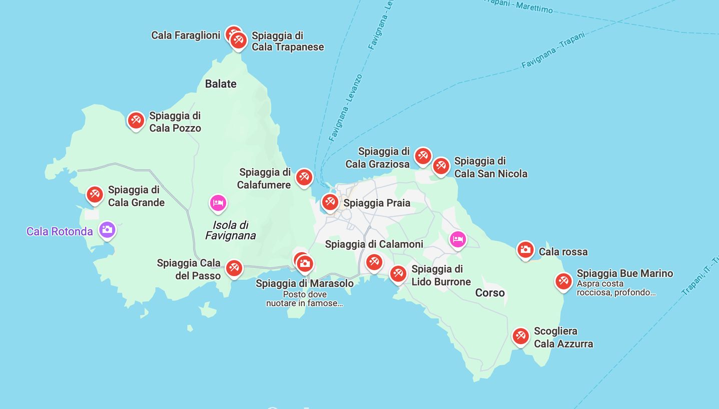 Mappa di Favignana con tutte le spiagge e la posizione di MAE sulla costa est